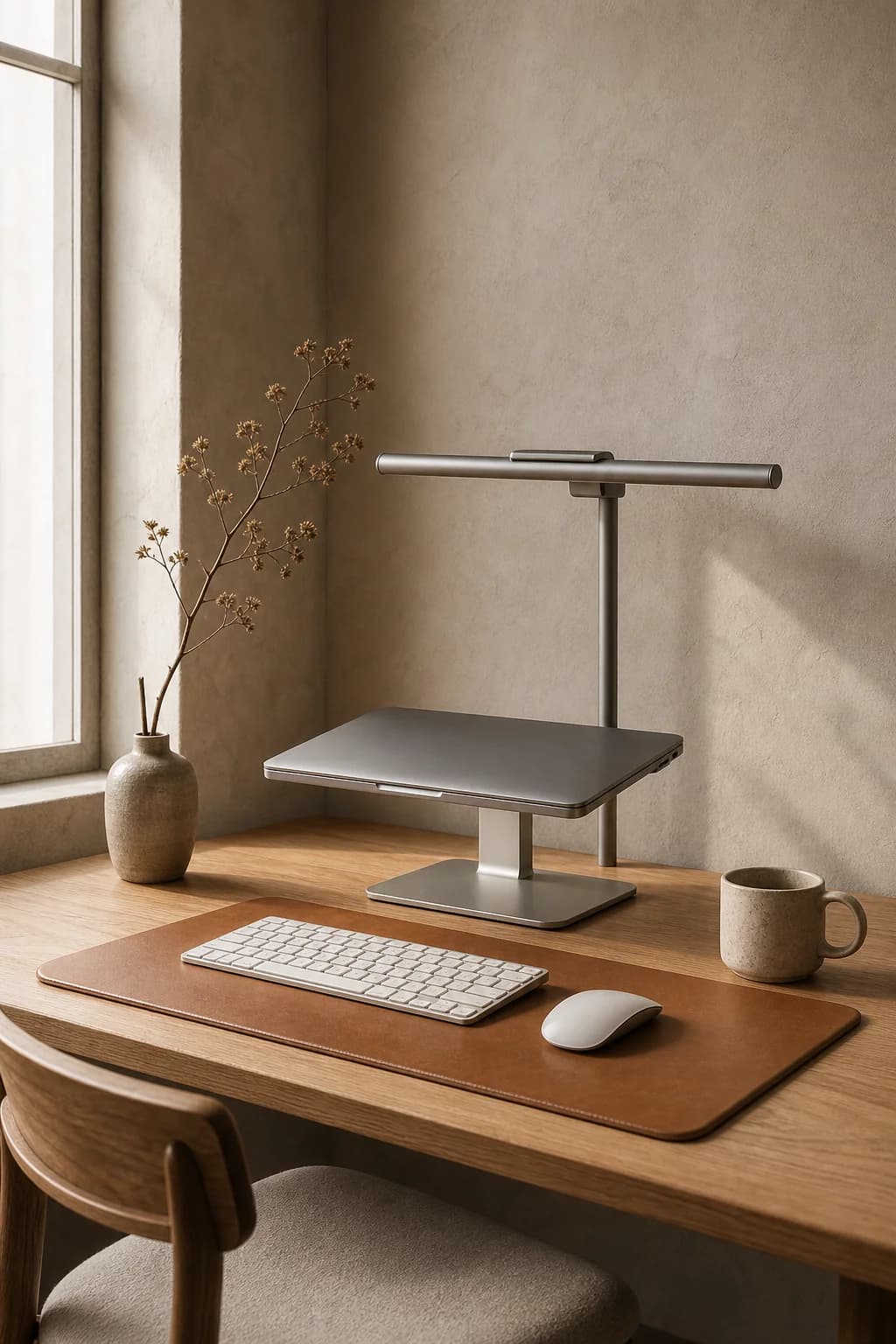 Minimal desk setup with leather and aluminium accessories