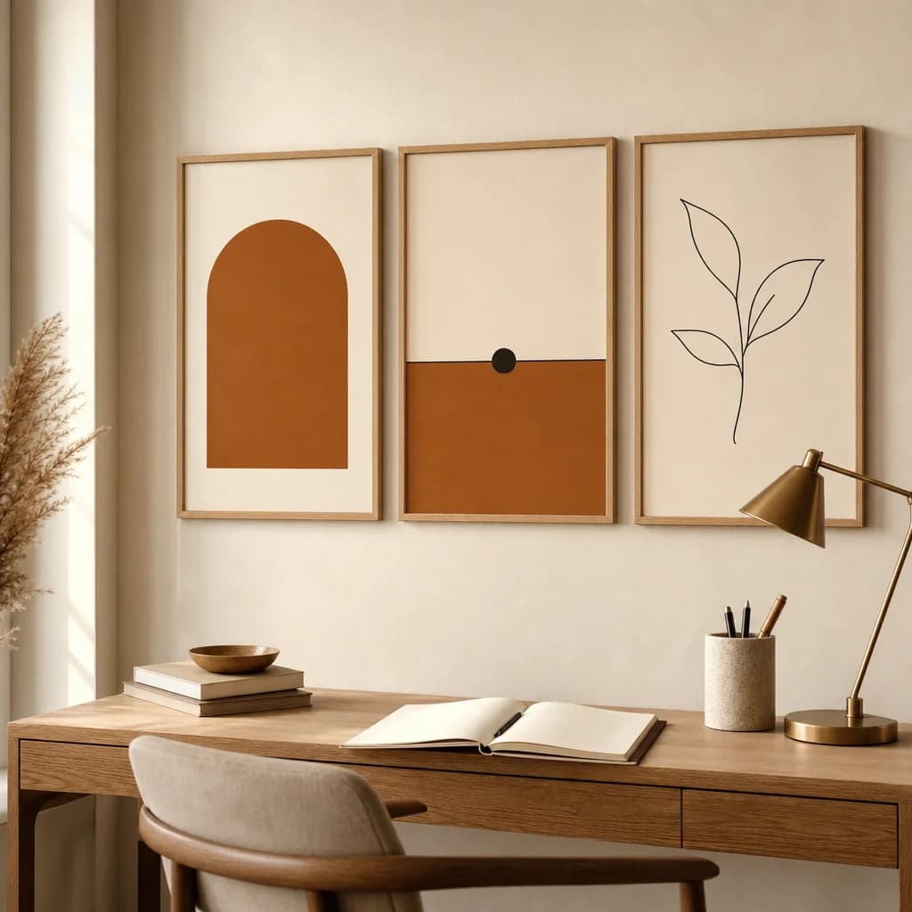 Three framed minimalist prints above a wooden desk